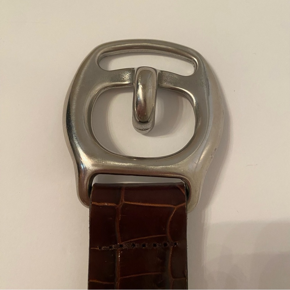 Brown Croc-Embossed Leather Belt with Silver Buckle - Picture 5 of 9